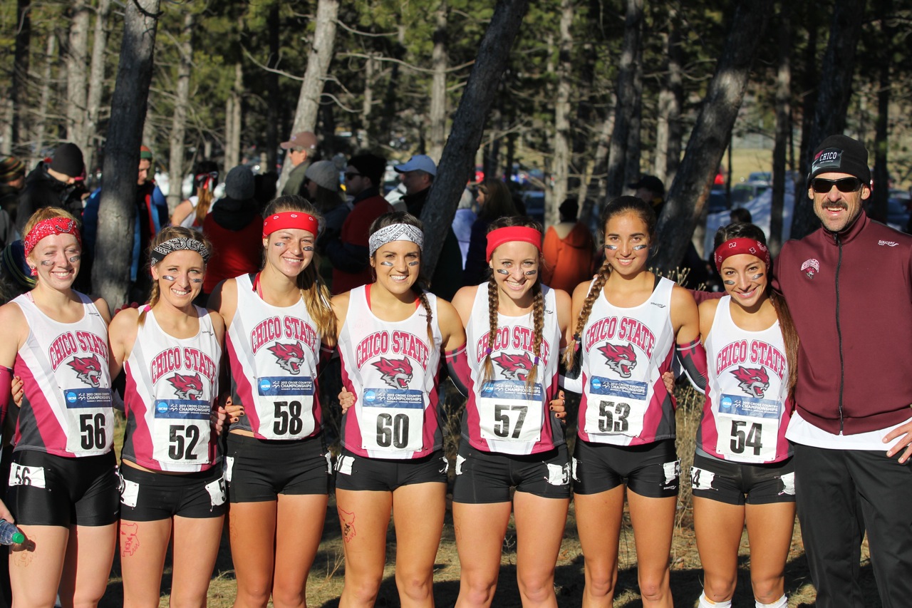 The 2013 Chico State Women (L-R Bailey Henshaw, Bekah Bahra, Sara Mikesell, Jessica Varela, Haley Kroll, Sadie Gastelum, Ayla Granados and coach)