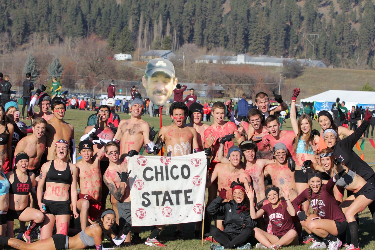 The tradition continues.. Despite the sub freezing temps, a rowdy group of Chico faithful ran around the course half dressed and cheering loudly for the Chico athletes. Chico, You Know!!!!