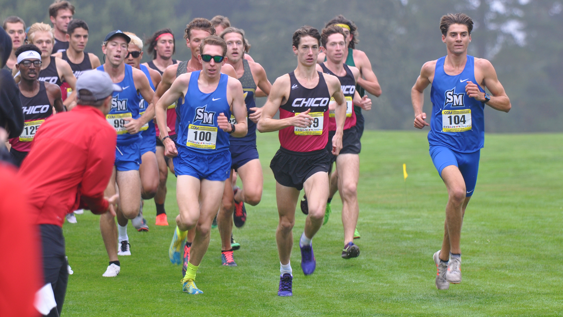 Chico State's Trad Berti leads the way at the 2019 CCAA Cross Country Championships on his way to a second-place finish.