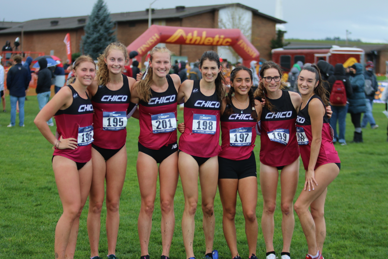 Chico State women celebrating a hard fought 3rd place finish, while qualifying for the NCAA Championships in 2 weeks.