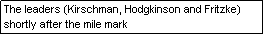 Text Box: The leaders (Kirschman, Hodgkinson and Fritzke) shortly after the mile mark