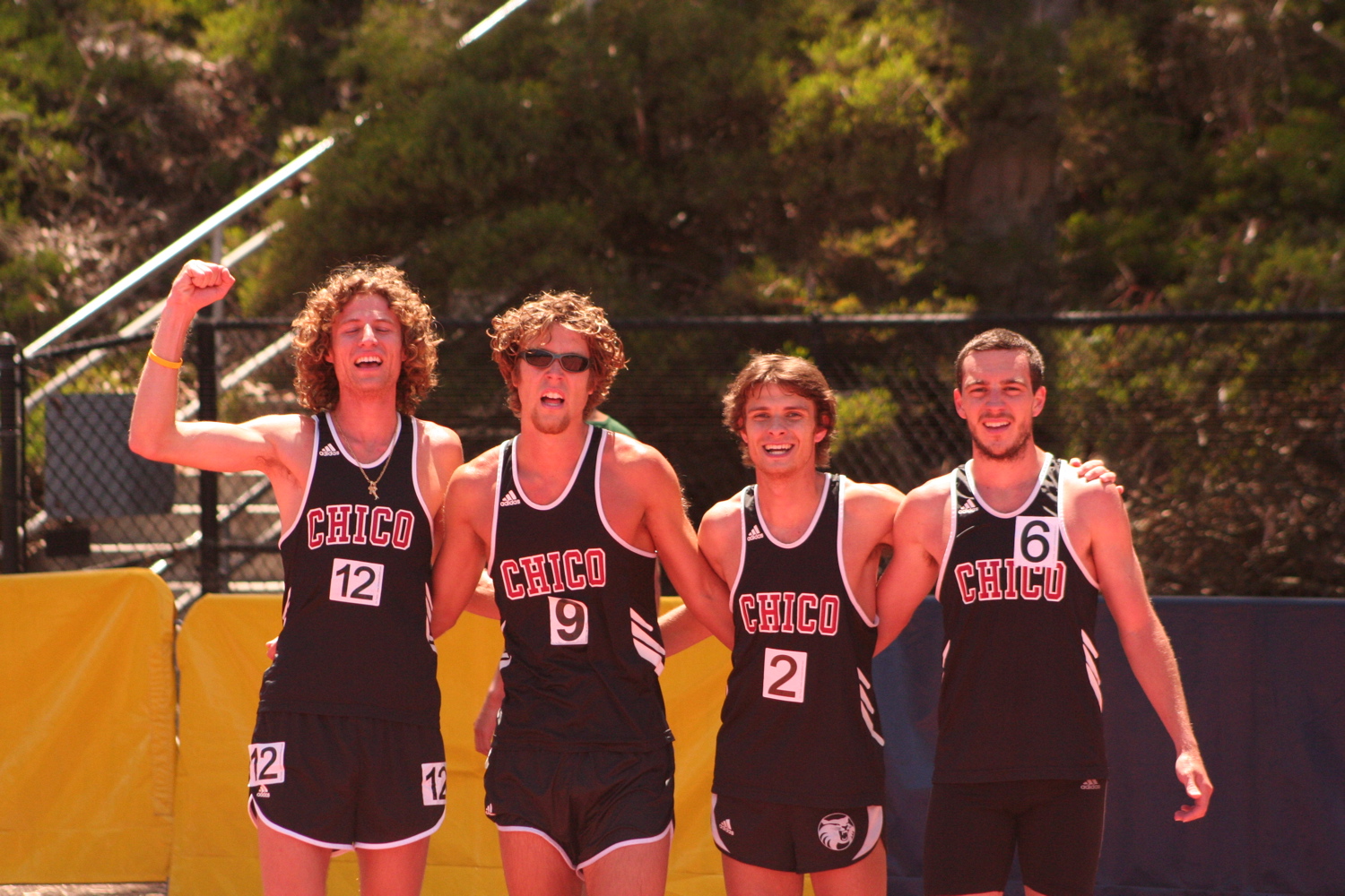 Men’s Steeplers L-R Beau Rogers, Miles Dunbar, Thomas Whitcomb and Jordan Fairley just after their awesome steeple run on Saturday.