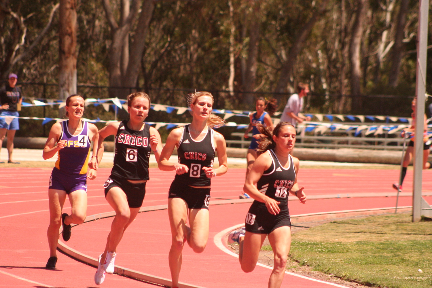 Kara Lubieniecki leads Anna Eicholtz, and Tori Tyler off the final turn just ahead of SF State’s Brittany Garrett to complete the 1,2,3 Chico Sweep!