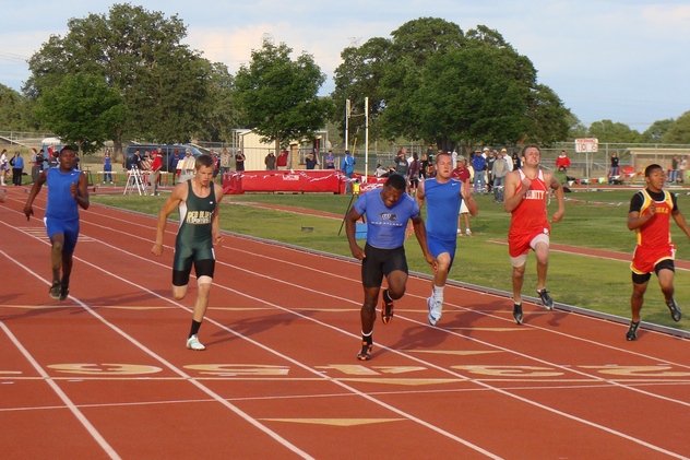 Wheatland's Derrick Seward shown here winning his second section title on the day, the boys 200m. (TC)