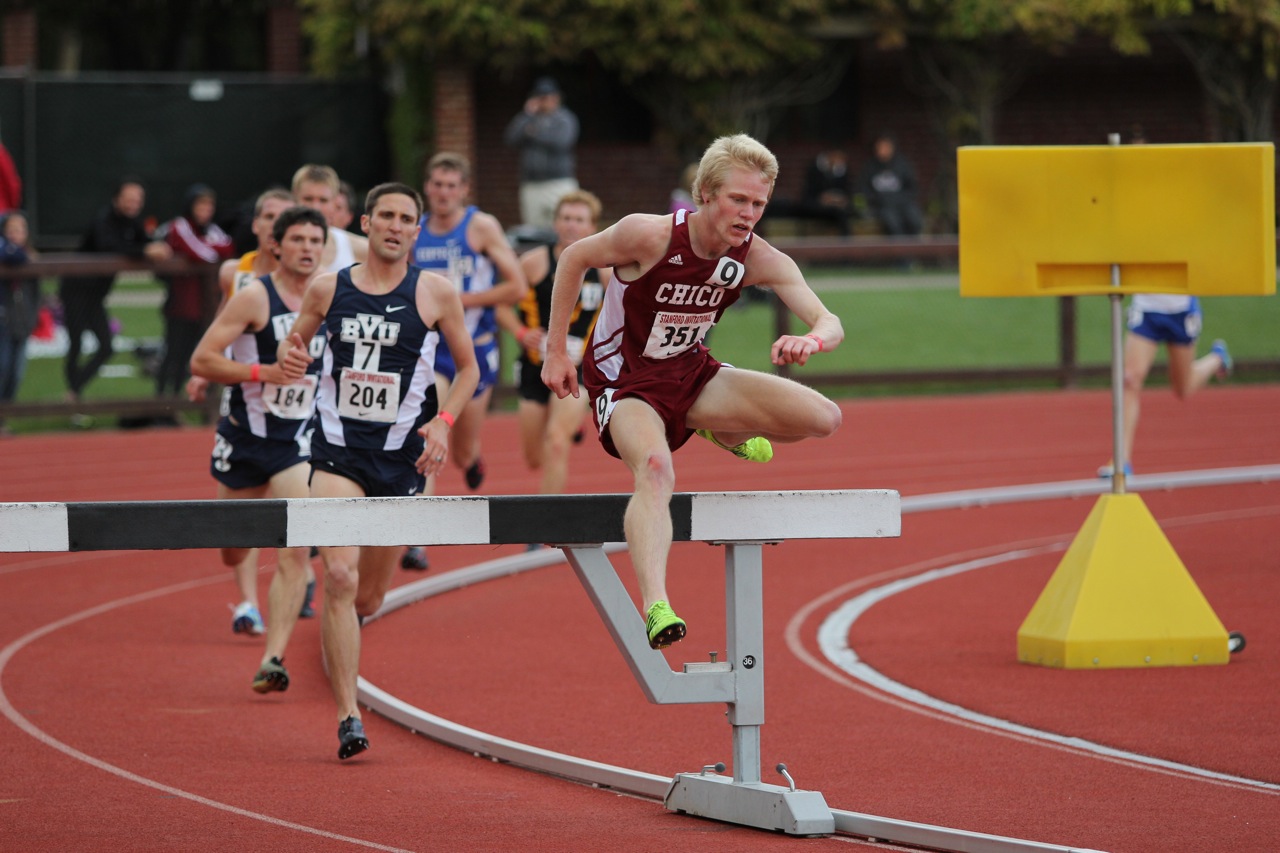 Alex McGuirk en route to a school record 8:50.03 in the 3k Steeple at Stanford.