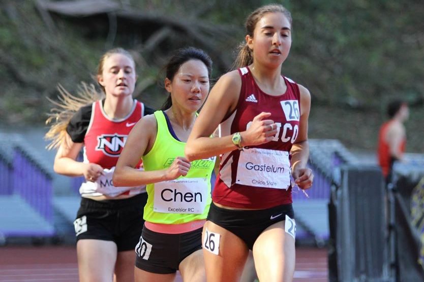 Sophomore Sadie Esperanza Gastelum stands undefeated at the 10k distance as she would win her maiden 25 lap voyage taking Heat II of the women's 10k with an NCAA provisional 36:34 final time at the SF Distance Carnival. - with Mei Tung Chen, Anysja Manzer.