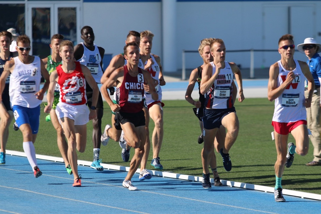 Kyle Medina making the move with 300m remaining in the 1500 final to grab the heels of eventual champion David Ribich of Western Oregon.