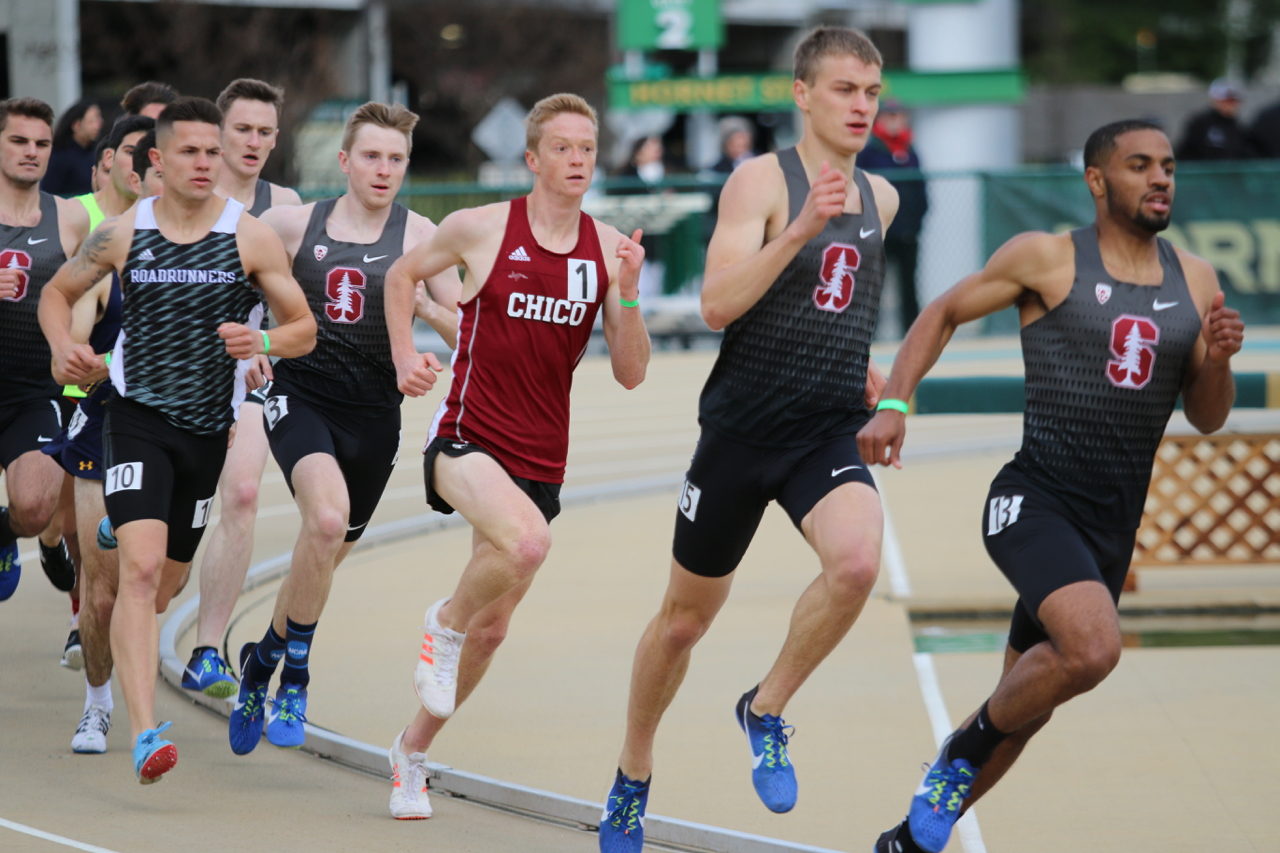 Derek Morton en route to a heat win in the men's 800m. Derek Morton didn't match his 1:49 performance of a year ago at Hornet, But he did win the 'fast' heat which was littered with Stanford and CAL athletes. His 1:51.6 was done with even splits and a very strong tactical approach. Teammate Michael Good followed closely with a seasonal debut 1:53.0's.