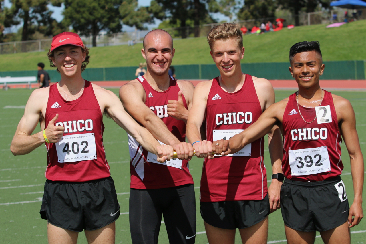 The men's DMR team-champions and meet record holders (Fisher, DeSantis, Johnson, Arevalo).