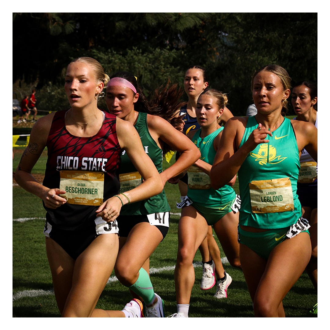 Olivia Beschorner flying with a pair of Ducks at the Dellinger Invite en-route to her 40th place finish.