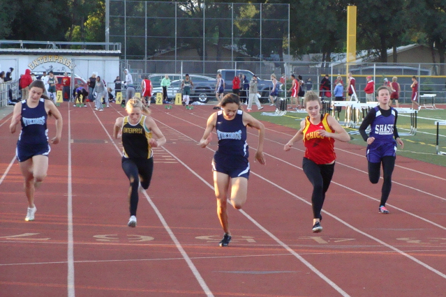 Pleasant Valley's Gabrielle Finley, running her best race of the season, using a healthy tailwind to her advantage in winning the Division I title in the 100m. She would later capture the 200m title as well.