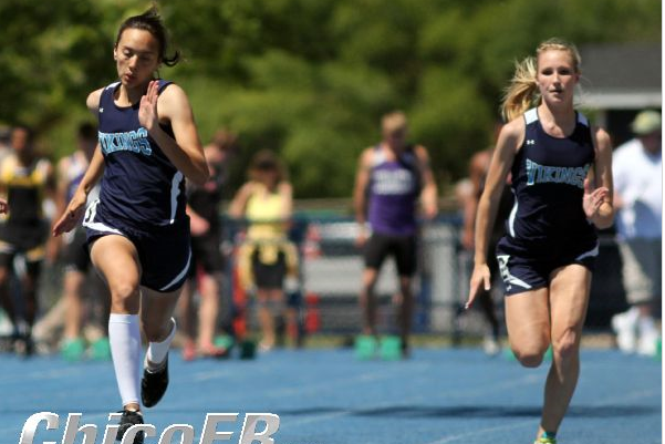 PV's Gabrielle Finley (left) cruising home in the varsity girls 100m. Teammate Michelle Guilbault (right) finished fifth.