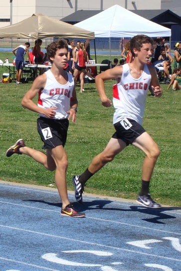 Chico's Liam Monninger leads teammate Benton Miller midway through the varsity boys 3200m at the EAL Championships. Monninger by finishing second advances to next week's Division I Championship.