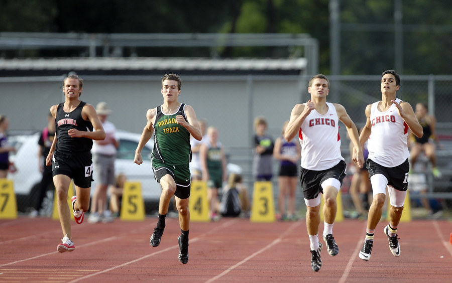 Chico's Griffin Teague (2nd from right) had the lead off the turn but is first passed by Foothill's Garrison and nipped at the line by Paradise's fast closing Mason Jensen. (RS)