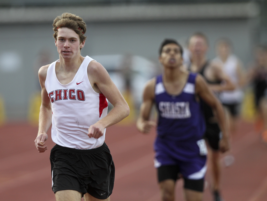 Chico High's Jacob Graber out sprints Shasta's Carlos Manzo to win the varsity boy's 800m, his second win on the day. (RS)
