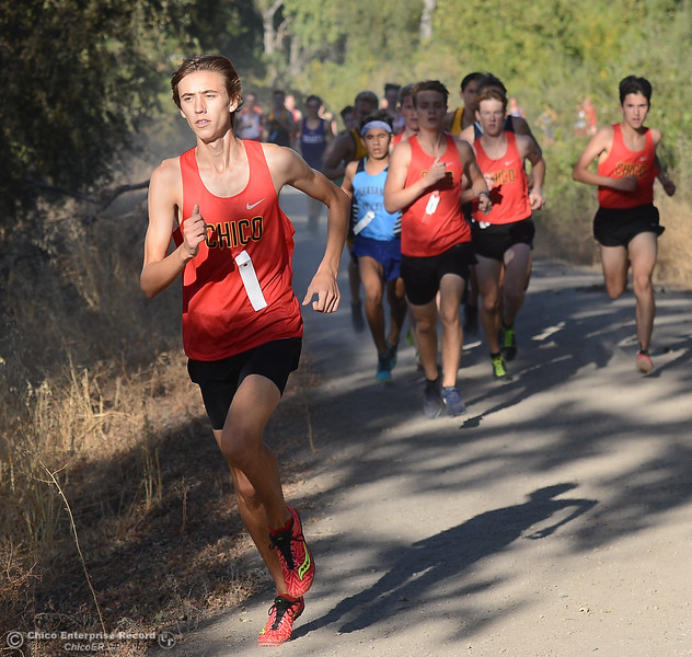 Chico's Charlie Giannini leads from start to finish at the EAL Center meet held at Hooker Oak Recreationi Area in Bidwell Park. Despite crosstown rival Pleasant Valley placing three runner in the top six, the Panthers easily won the team title by having eleven runners ahead of the Viking's 4th man.