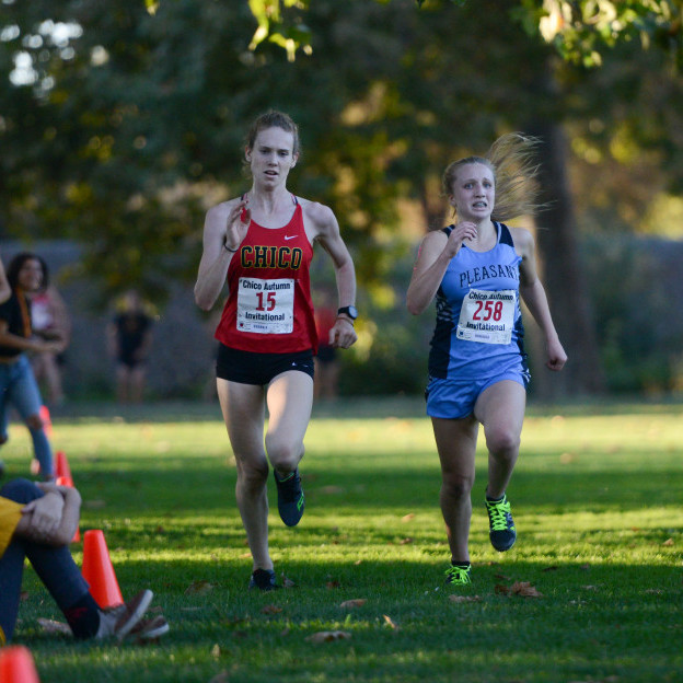 Chico's Charlie Giannini leads from start to finish at the EAL Center meet held at Hooker Oak Recreationi Area in Bidwell Park. Despite crosstown rival Pleasant Valley placing three runner in the top six, the Panthers easily won the team title by having eleven runners ahead of the Viking's 4th man.