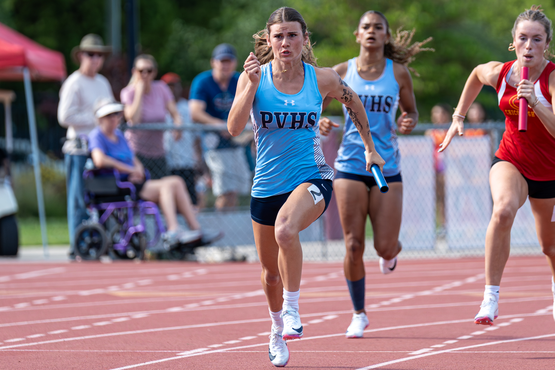 Pleasant Valley's Kate Marinello runs the final leg of the 400-meter relay during Vikings' track and field meet on Wednesday, April 8, 2026 at Panther Stadium in Chico, California. (Ben Mota/All Axis Sports)